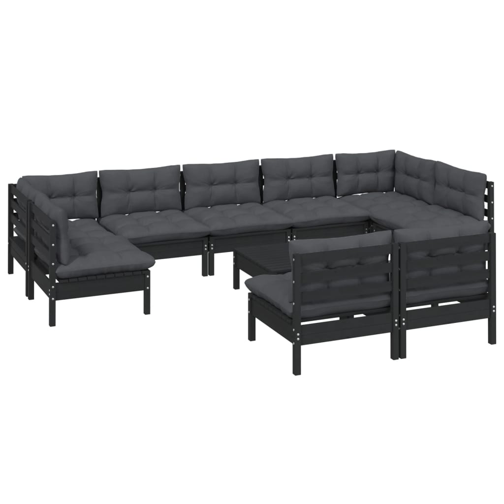 10-piece garden lounge set with cushions black solid pine