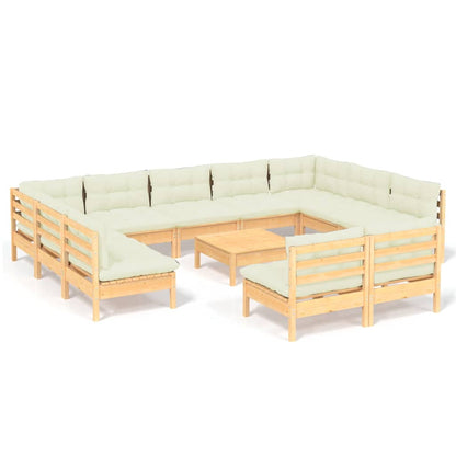 12-tlg. Garten-Lounge-Set mit Creme Kissen Massivholz Kiefer