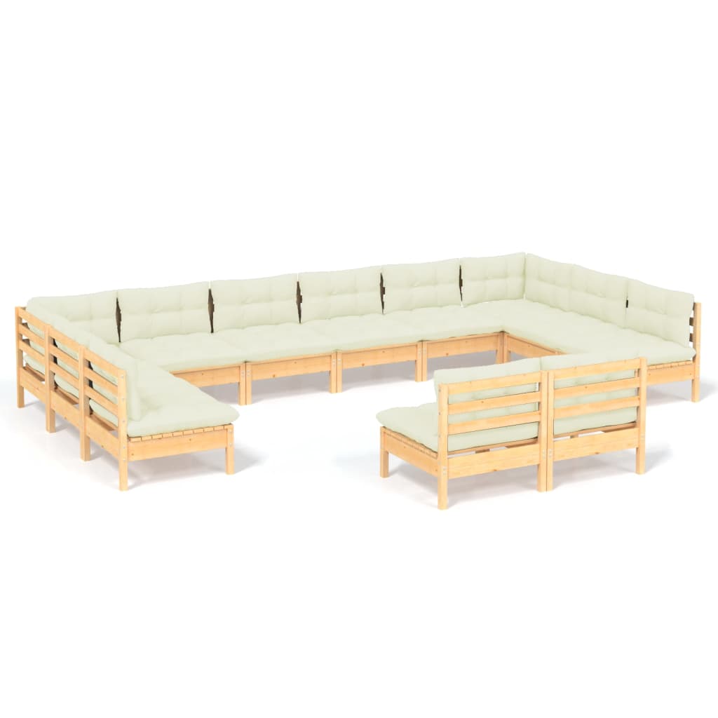 12-tlg. Garten-Lounge-Set mit Creme Kissen Massivholz Kiefer