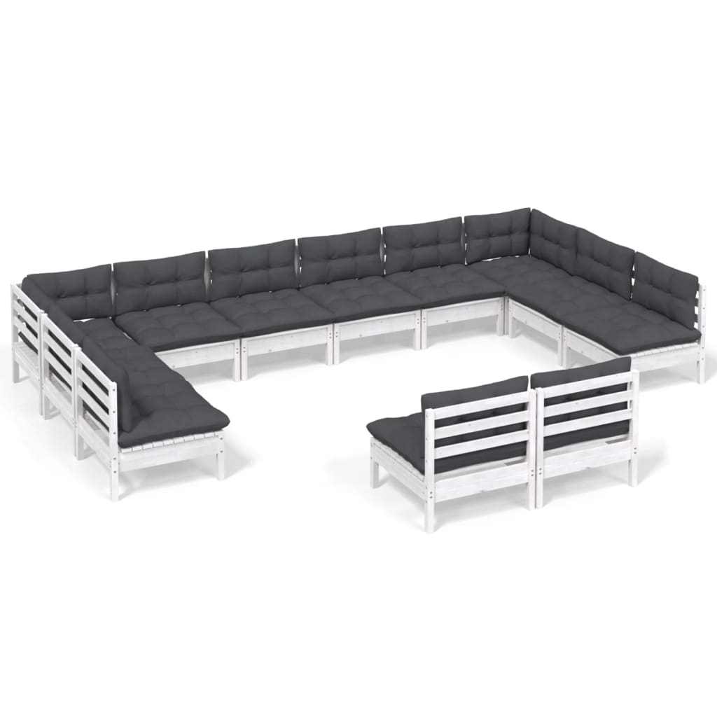 12-tlg. Garten-Lounge-Set mit Kissen Weiß Kiefer Massivholz