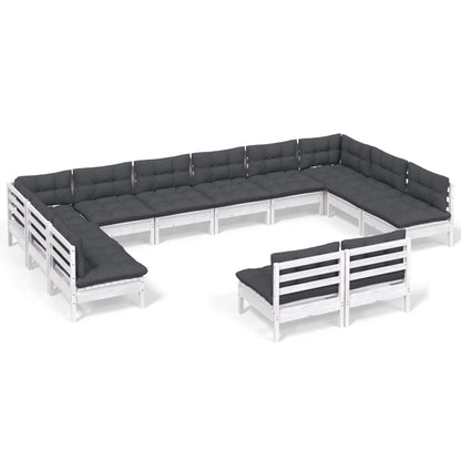 12-tlg. Garten-Lounge-Set mit Kissen Weiß Kiefer Massivholz