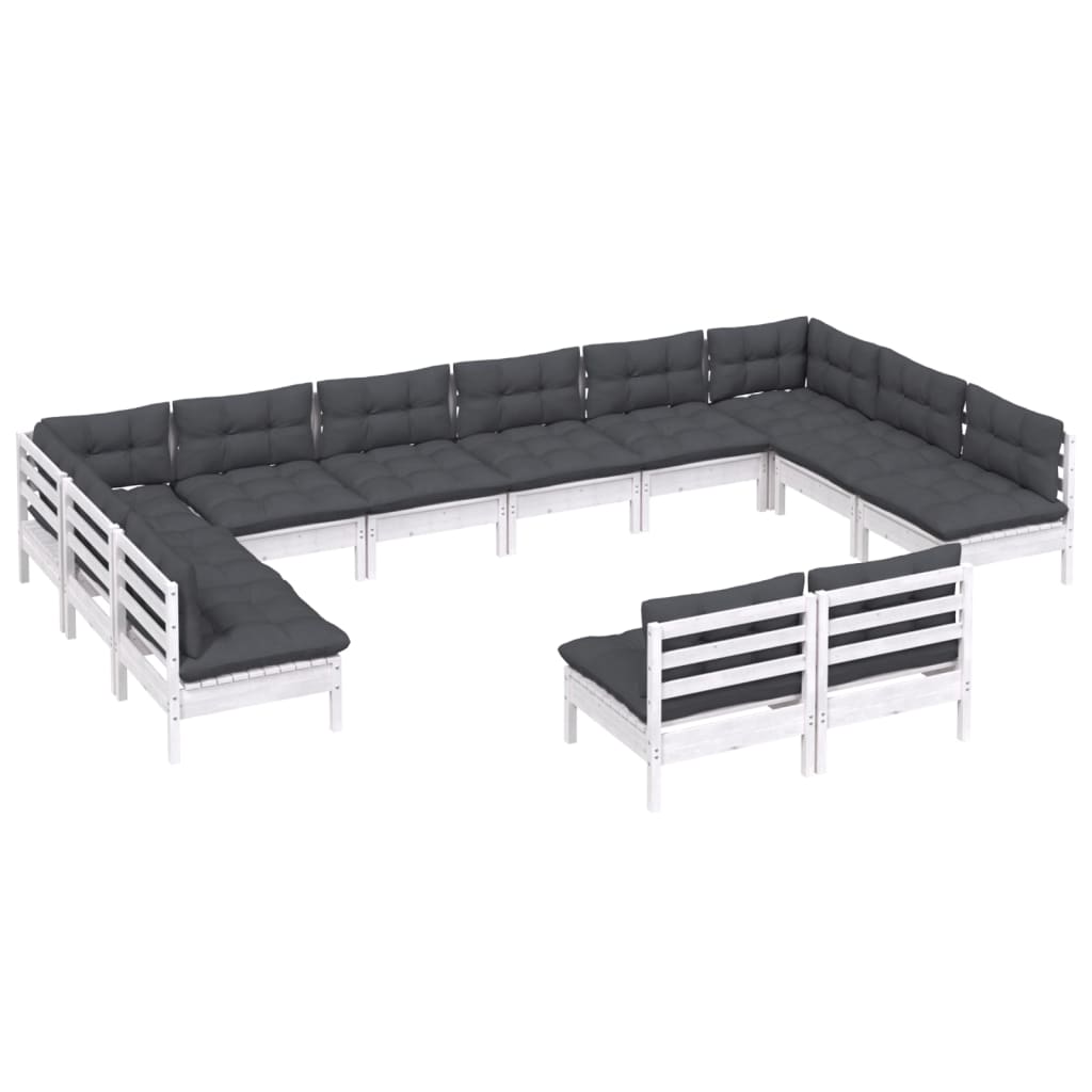 12-tlg. Garten-Lounge-Set mit Kissen Weiß Kiefer Massivholz