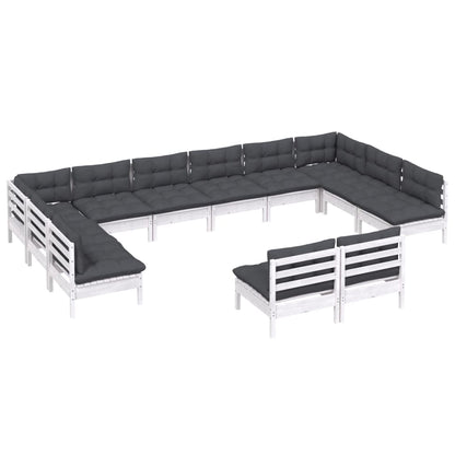 12-tlg. Garten-Lounge-Set mit Kissen Weiß Kiefer Massivholz