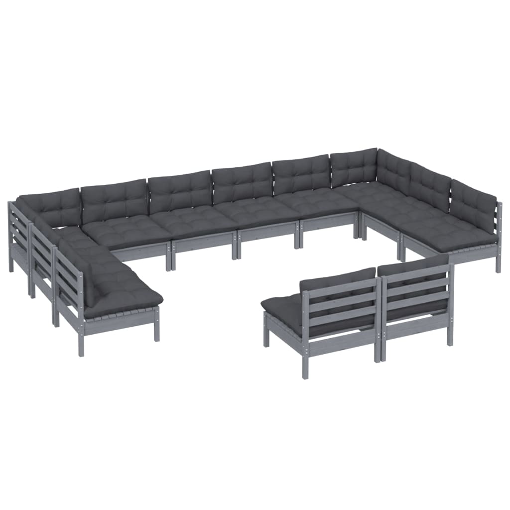 12-tlg. Garten-Lounge-Set mit Kissen Grau Kiefer Massivholz
