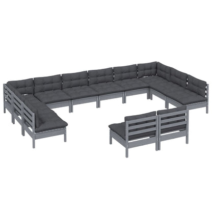 12-tlg. Garten-Lounge-Set mit Kissen Grau Kiefer Massivholz