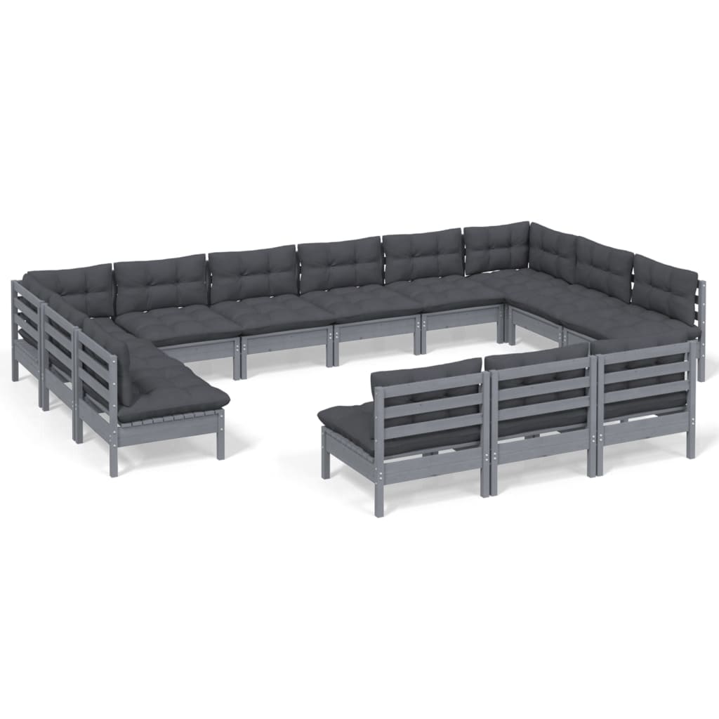 13-tlg. Garten-Lounge-Set mit Kissen Grau Kiefer Massivholz