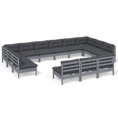 13-tlg. Garten-Lounge-Set mit Kissen Grau Kiefer Massivholz