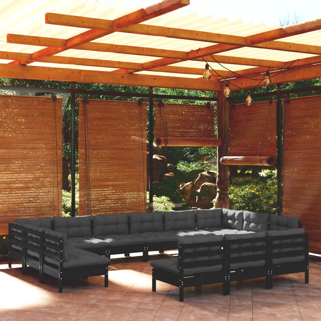 13-tlg. Garten-Lounge-Set mit Kissen Schwarz Kiefer Massivholz