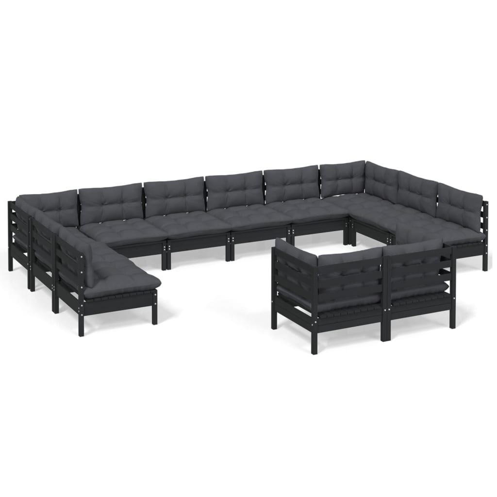 12-tlg. Garten-Lounge-Set mit Kissen Schwarz Kiefer Massivholz
