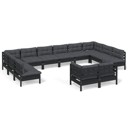 12-tlg. Garten-Lounge-Set mit Kissen Schwarz Kiefer Massivholz