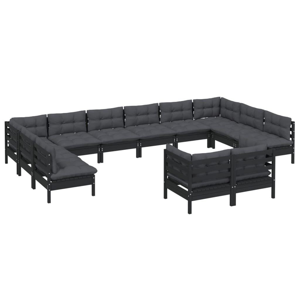 12-tlg. Garten-Lounge-Set mit Kissen Schwarz Kiefer Massivholz