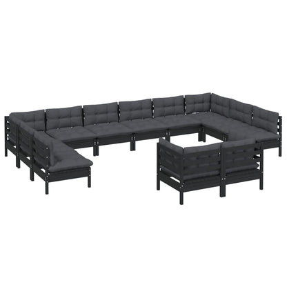 12-tlg. Garten-Lounge-Set mit Kissen Schwarz Kiefer Massivholz