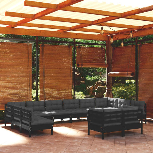 12-tlg. Garten-Lounge-Set mit Kissen Schwarz Kiefer Massivholz