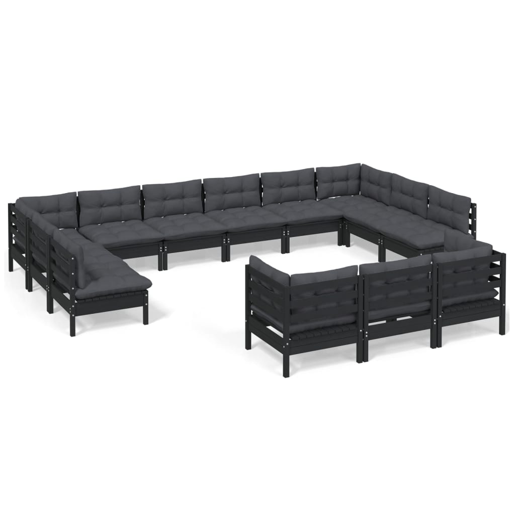 13-tlg. Garten-Lounge-Set mit Kissen Schwarz Kiefernholz