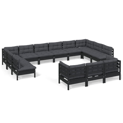 13-tlg. Garten-Lounge-Set mit Kissen Schwarz Kiefernholz