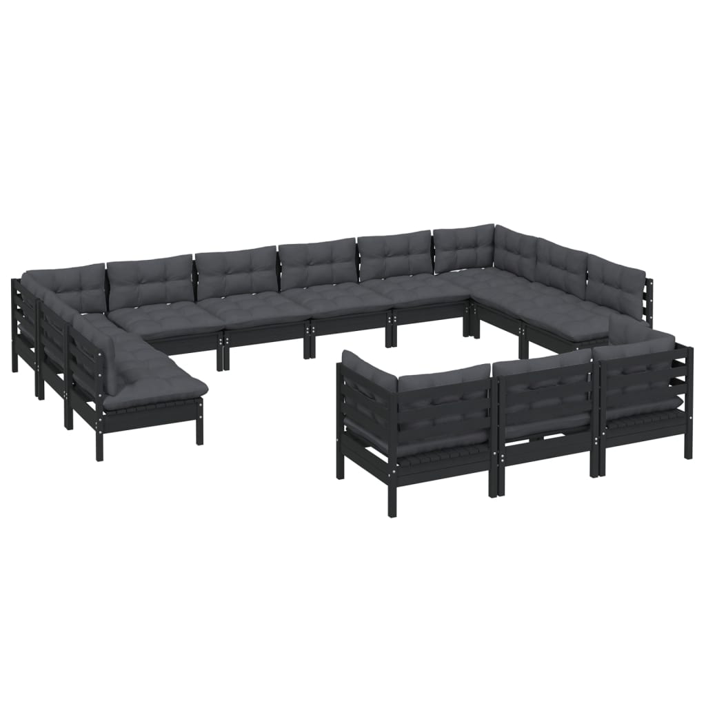 13-tlg. Garten-Lounge-Set mit Kissen Schwarz Kiefernholz