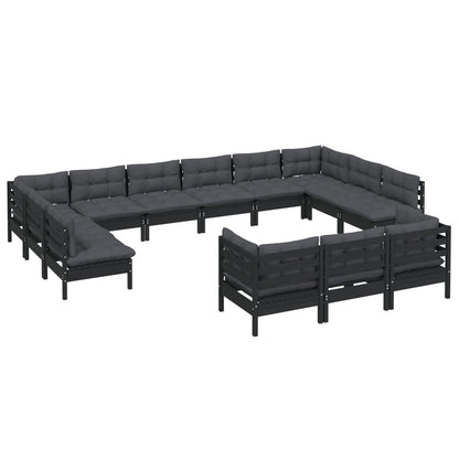 13-tlg. Garten-Lounge-Set mit Kissen Schwarz Kiefernholz