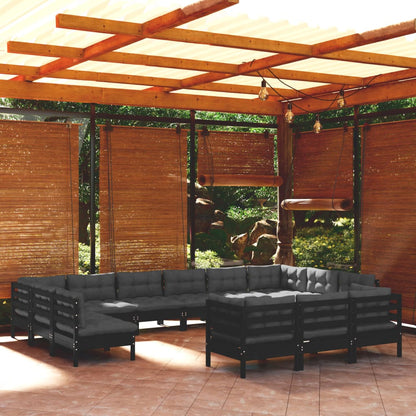 13-tlg. Garten-Lounge-Set mit Kissen Schwarz Kiefernholz