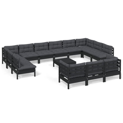14-tlg. Garten-Lounge-Set mit Kissen Schwarz Kiefernholz
