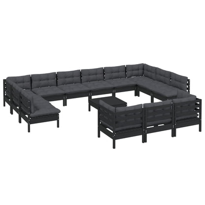 14-tlg. Garten-Lounge-Set mit Kissen Schwarz Kiefernholz