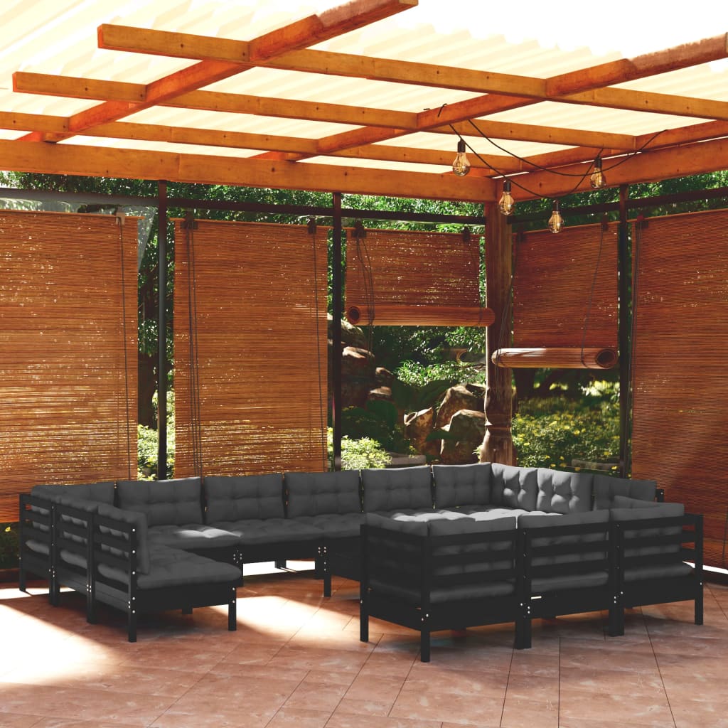 14-tlg. Garten-Lounge-Set mit Kissen Schwarz Kiefernholz