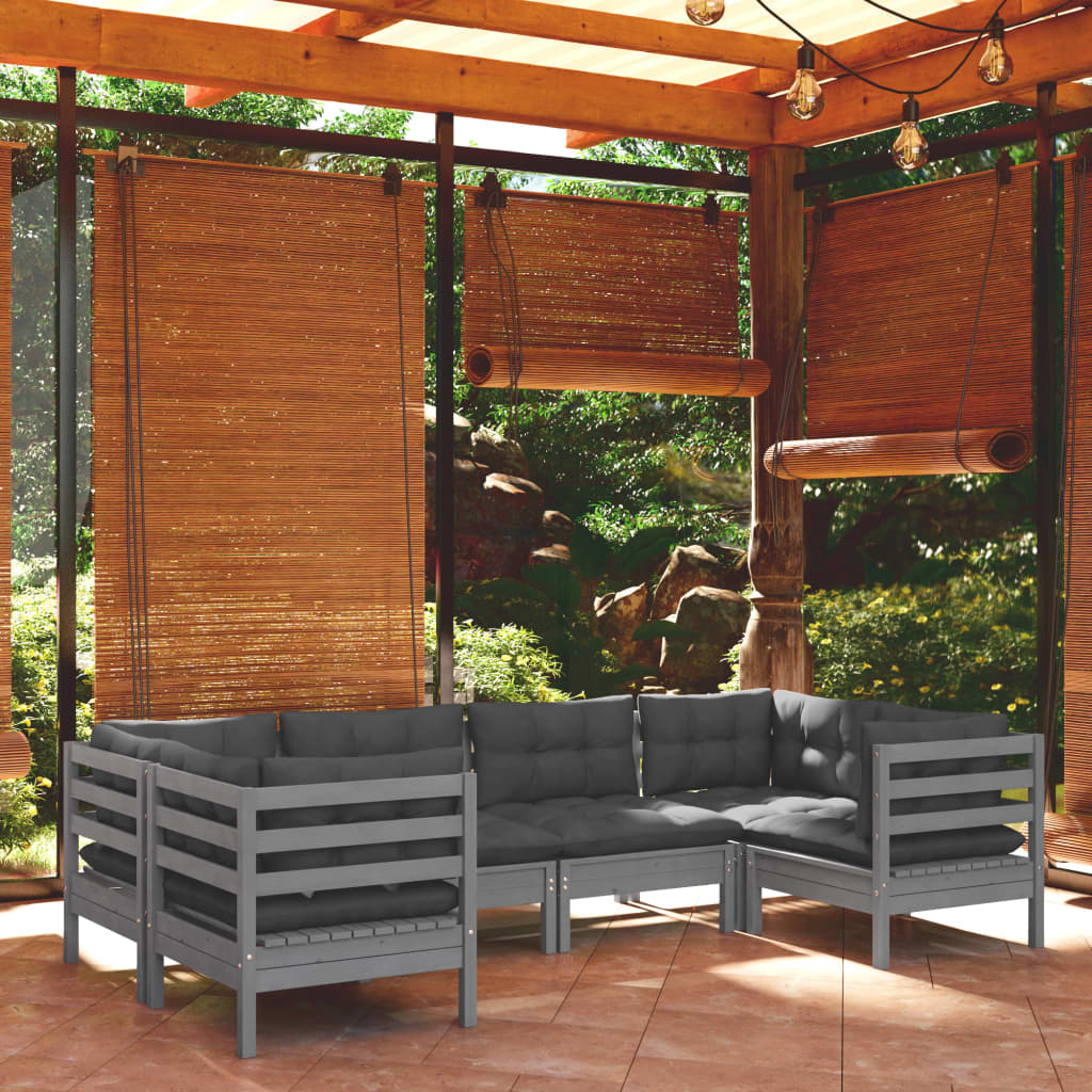 6-tlg. Garten-Lounge-Set mit Kissen Grau Kiefernholz