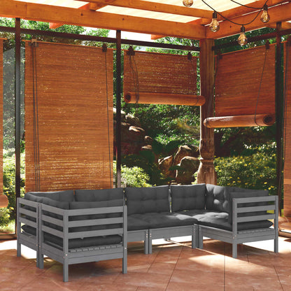 6-tlg. Garten-Lounge-Set mit Kissen Grau Kiefernholz