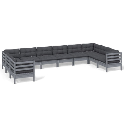 10 kom. Vrtna garnitura za sjedenje s jastucima u sivom borovom drvu