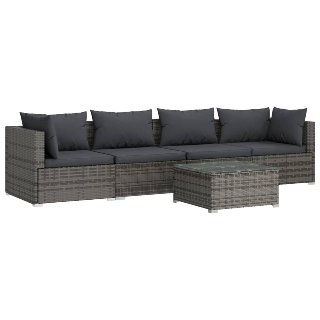 5-piece garden lounge set with cushions poly rattan grey