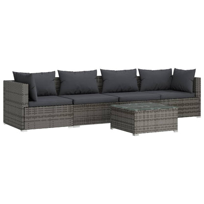 5-piece garden lounge set with cushions poly rattan grey