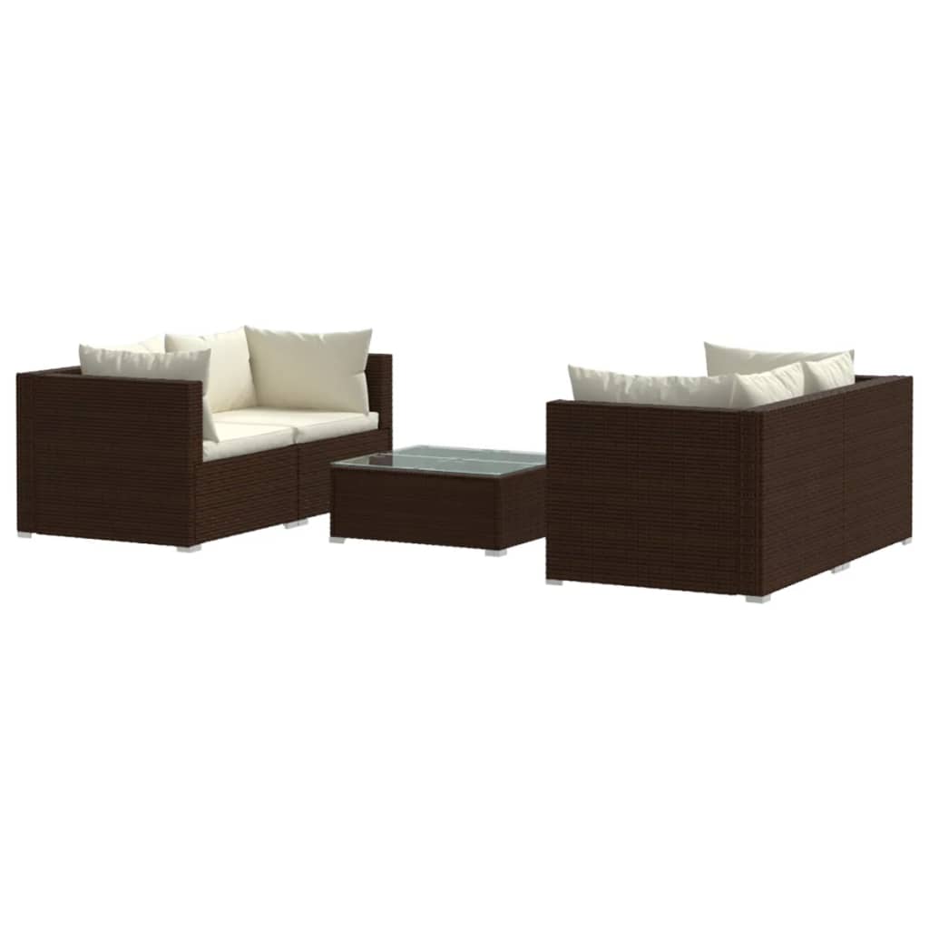 5-piece garden lounge set with cushions poly rattan brown