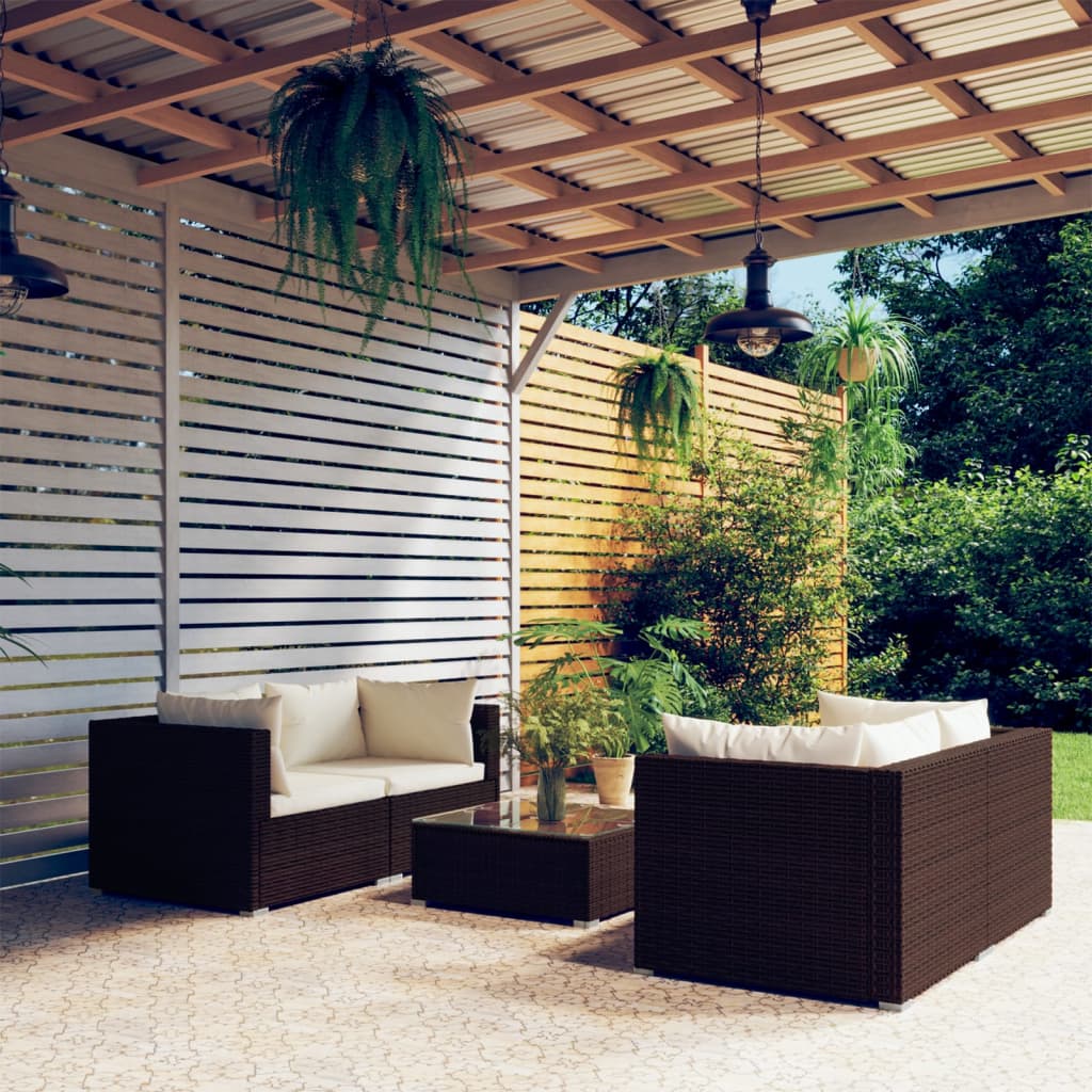5-piece garden lounge set with cushions poly rattan brown