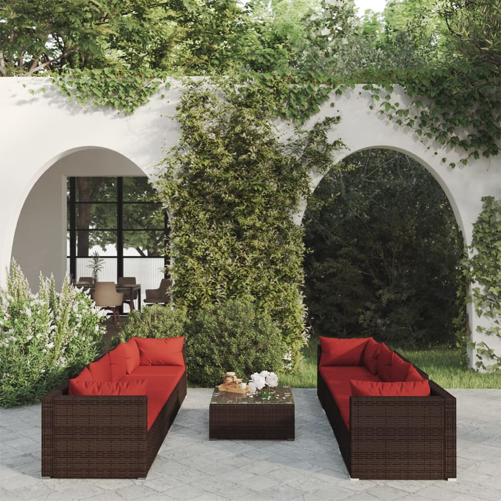 9-piece garden lounge set with cushions poly rattan brown