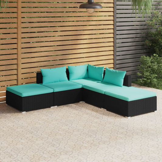 5-piece garden lounge set with cushions poly rattan black