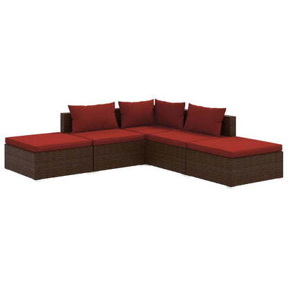 5-piece garden lounge set with cushions poly rattan brown