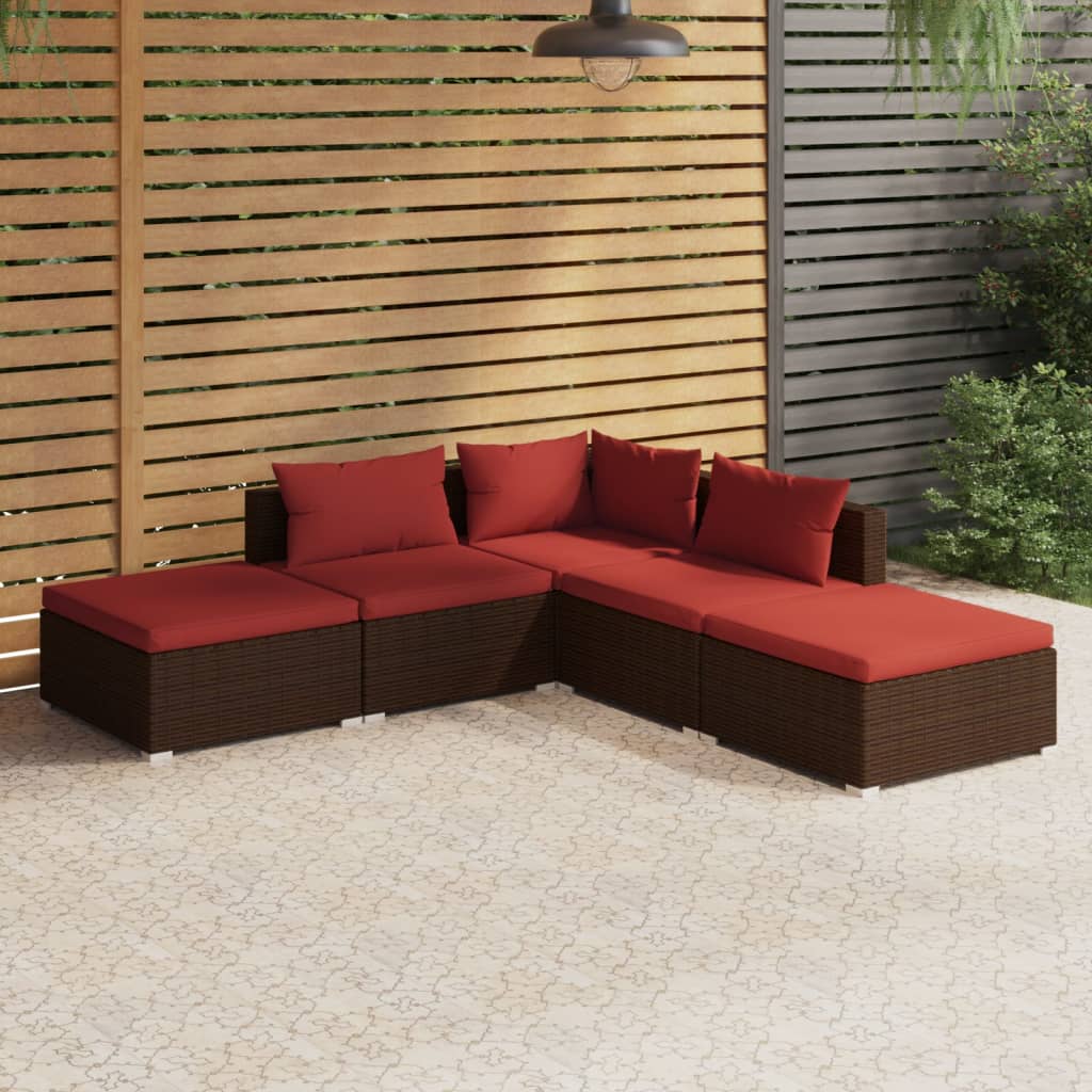 5-piece garden lounge set with cushions poly rattan brown