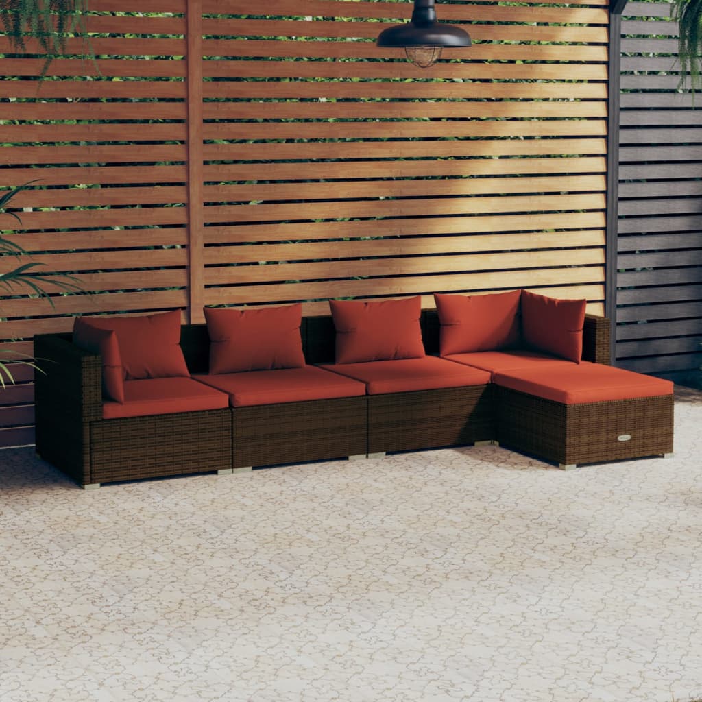 5-tlg. Garten-Lounge-Set mit Kissen Poly Rattan Braun