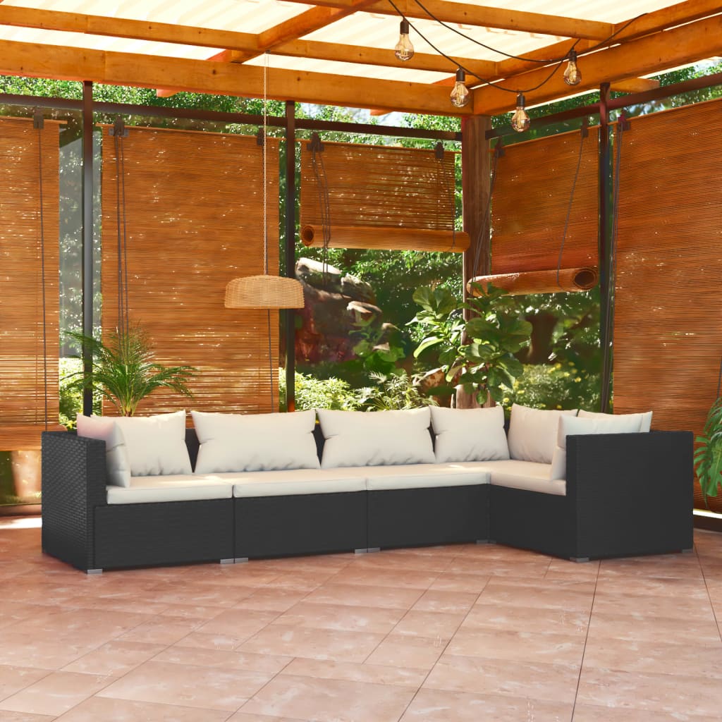 5-piece garden lounge set with cushions poly rattan black