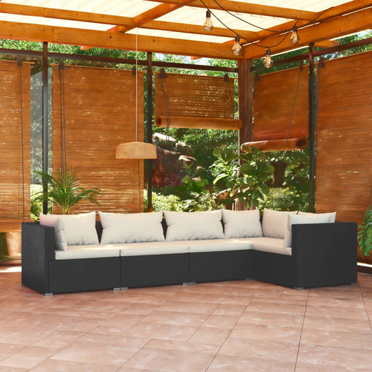 5-piece garden lounge set with cushions poly rattan black