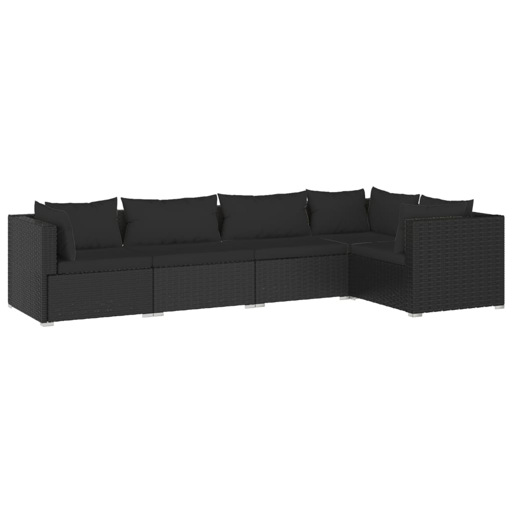 5-piece garden lounge set with cushions poly rattan black