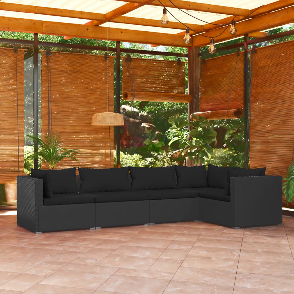 5-piece garden lounge set with cushions poly rattan black