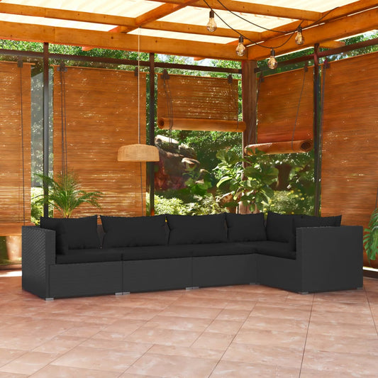 5-piece garden lounge set with cushions poly rattan black