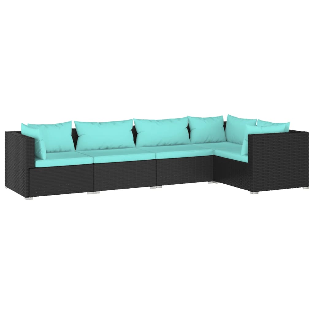 5-piece garden lounge set with cushions poly rattan black
