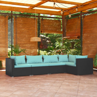 5-piece garden lounge set with cushions poly rattan black