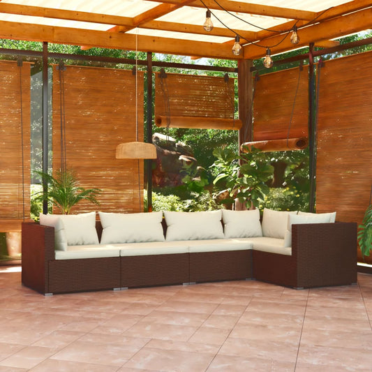 5-piece garden lounge set with cushions poly rattan brown