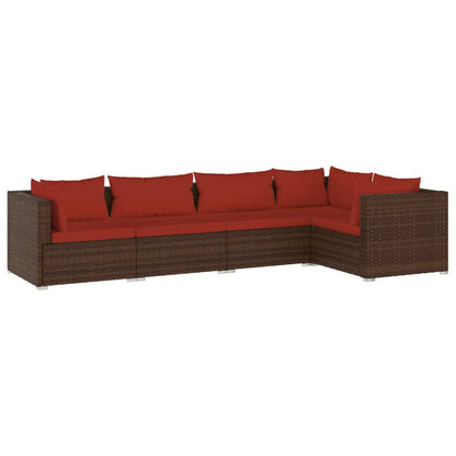 5-piece garden lounge set with cushions poly rattan brown
