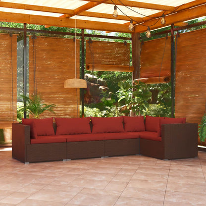 5-piece garden lounge set with cushions poly rattan brown