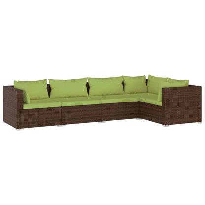 5-piece garden lounge set with cushions poly rattan brown