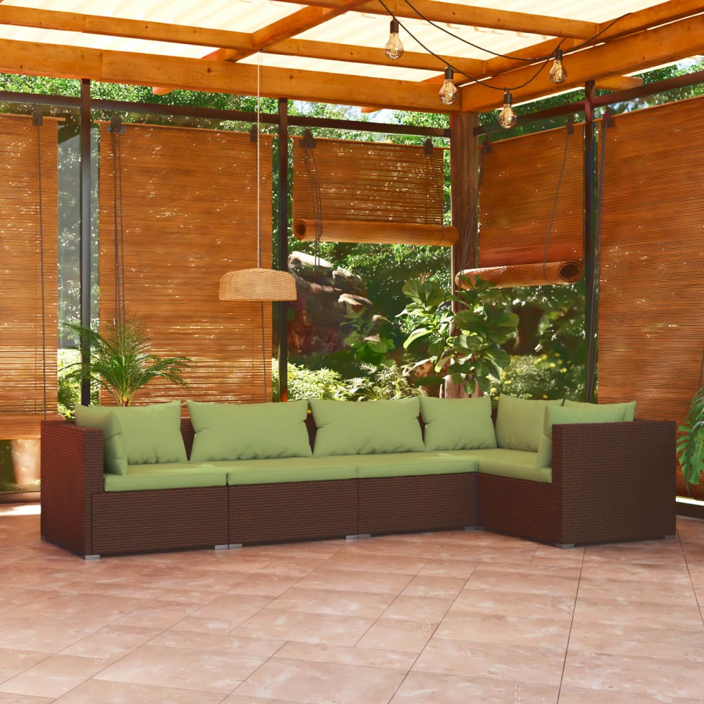 5-piece garden lounge set with cushions poly rattan brown