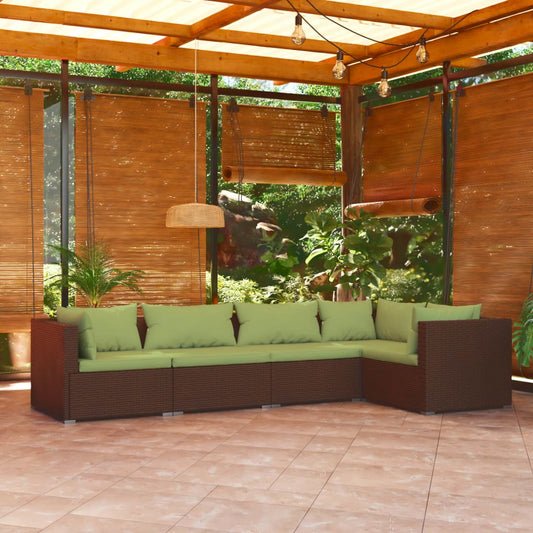 5-piece garden lounge set with cushions poly rattan brown